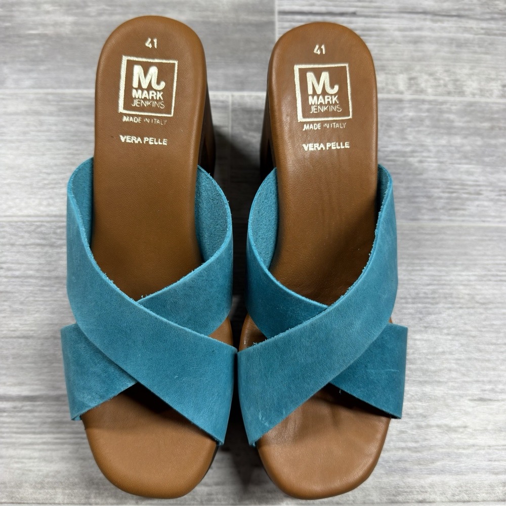 Mark Jenkins "Mustang" Wedge Slides Women's Size 11 Turquoise Cross Band New